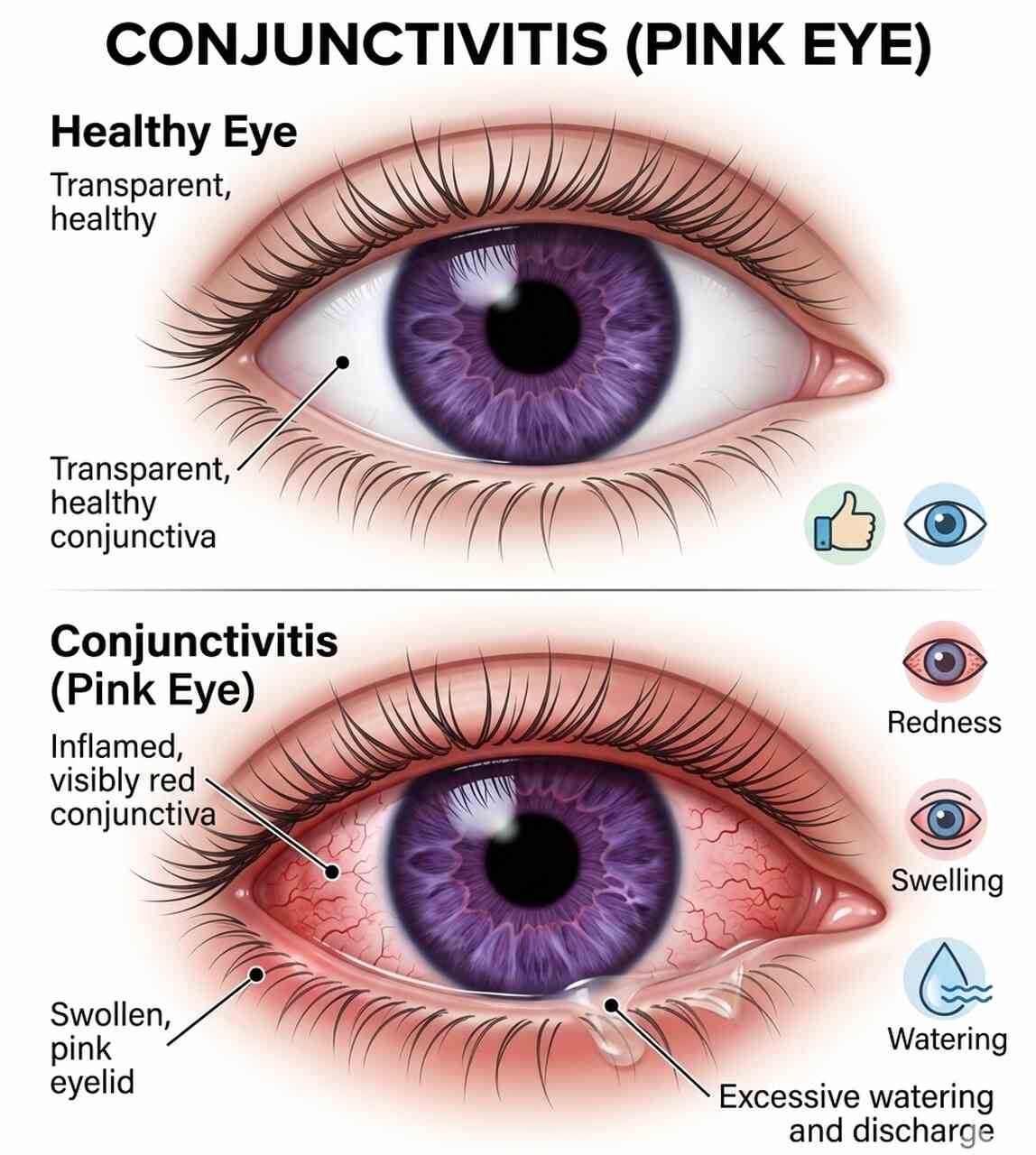 Medical chart illustration of pink eye (conjunctivitis) showing inflamed conjunctiva and redness in the eye