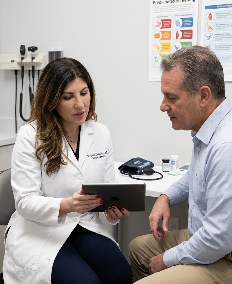 Doctor consulting with a patient about prediabetes screening, reviewing results and discussing lifestyle changes and risk management in a clinical setting