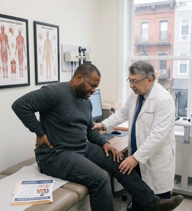 A 40-year-old male patient sitting on an exam table in a clinic, holding his lower back and leg while a doctor evaluates radiating nerve pain during a physical examination