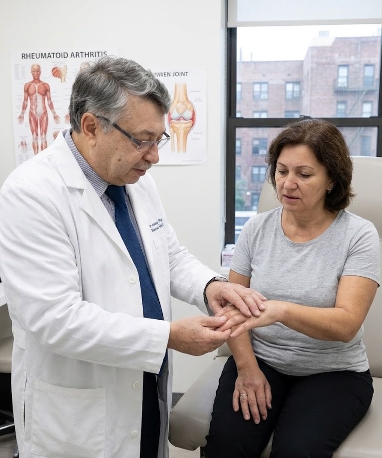 Dr. Anatoly Pisman examining the hands of a 55-year-old woman with rheumatoid arthritis in a Brooklyn clinic, checking for joint swelling and stiffness during a medical evaluation
