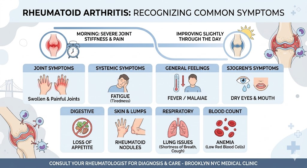 Educational chart showing rheumatoid arthritis symptoms including morning joint stiffness, hand swelling, fatigue, fever, dry eyes, anemia, and rheumatoid nodules with simple labeled icons for easy patient understanding
