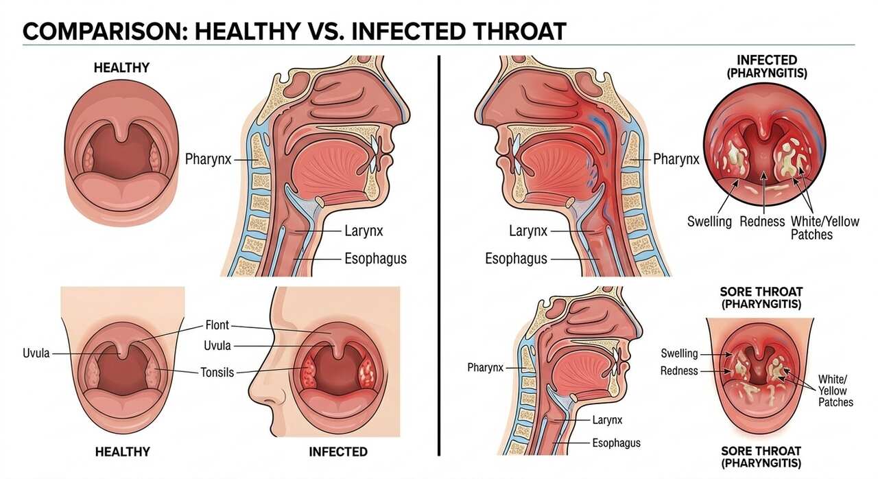 Medical chart showing throat anatomy with inflamed tonsils and redness indicating pharyngitis compared to a healthy throat with normal tissue appearance