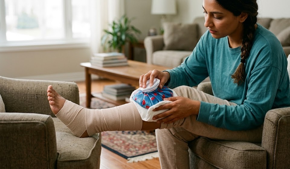 Person applying ice to a wrapped and elevated ankle to treat a sprain using RICE method