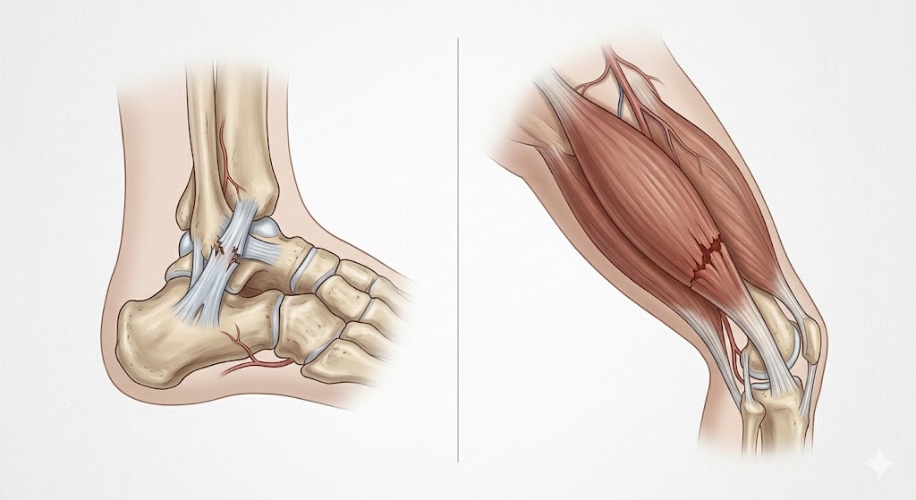 Medical illustration comparing ligament injury in a sprain versus muscle or tendon injury in a strain