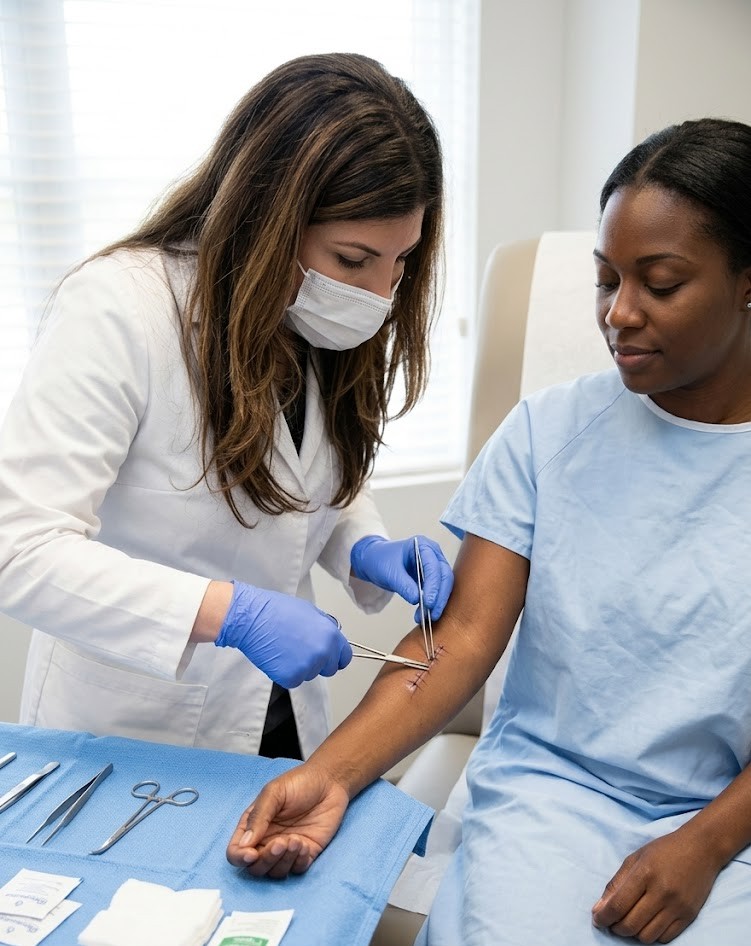 Healing wound with adhesive strips applied after stitch removal to support recovery and protect the skin