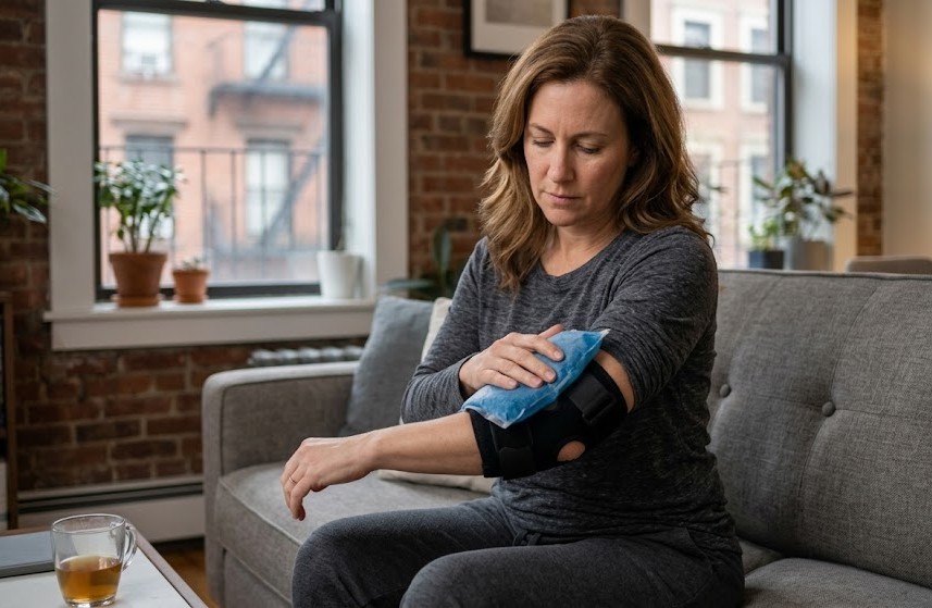 tennis elbow treatment ice rest brace recovery NYC patient at home elbow support