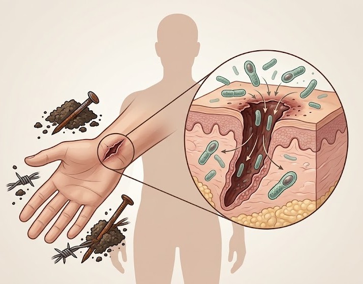 Medical diagram illustrating how bacteria enter through a skin wound and spread within the body, representing tetanus risk awareness